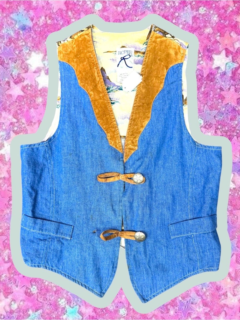 Roper vintage 70s denim concho cowboy vest S M velvet western rodeo horse 60s